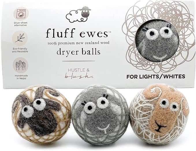 Fluff Ewes Wool Dryer Balls 3 Pack Premium New Zealand Wool Laundry Balls for Dryer, No Static Dryer Balls Laundry Reusable Cute - XL Wool Dryer Balls Cute, Baby Dryer Balls for Dryers - Lights-PurrikoPets