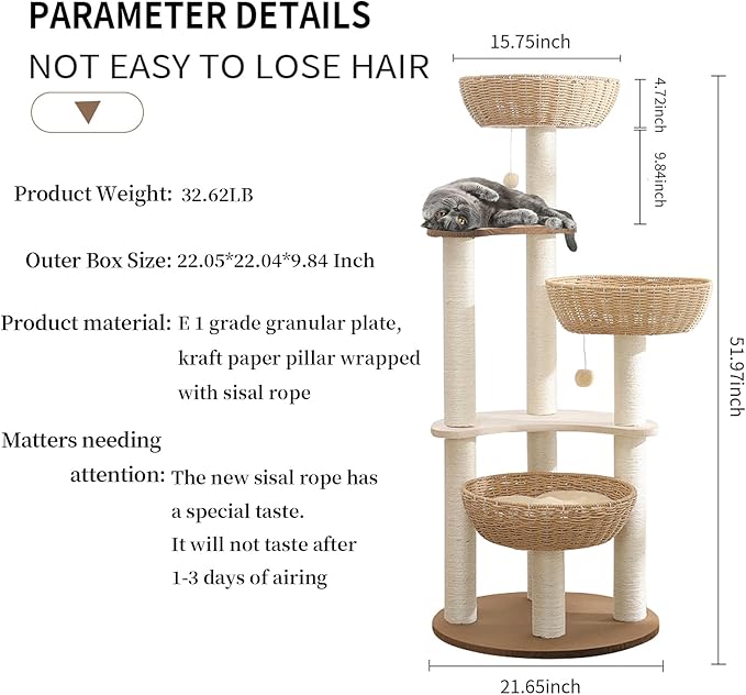 52" Modern Cat Tree Tower for Large Cats, 3Cat Nests Manual Hand Woven Multilevel Huge Paws Pals Cat Tree, Wood Cat Tower, Cat Scratching Tree, Cat Condo, Cat Lover Gift-PurrikoPets