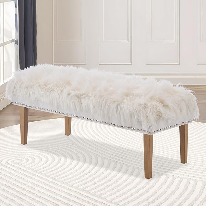 46 Inch White Bedroom Bench, Modern Multi-Purpose Bench with Wooden Legs, Faux Fur Upholstered, 3-Seater, 220 lbs Weight Capacity-PurrikoPets