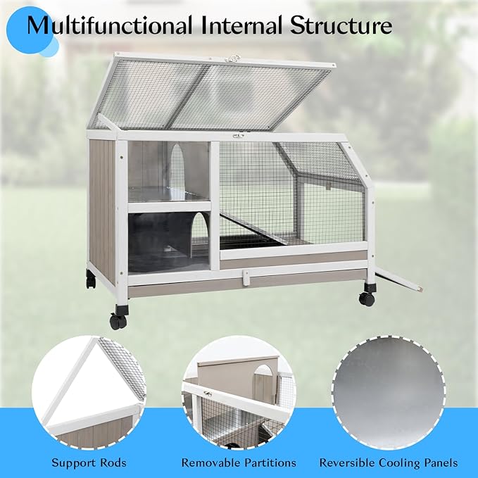 36''L Rabbit Hutch Outdoor with Casters and Run, Wooden Indoor 2 Story Guinea Pig Cage with Divider Panel, Pull Out Tray, Rabbit Duck Bunny House for Small to Medium Animals and Pet Lover, Gray-PurrikoPets