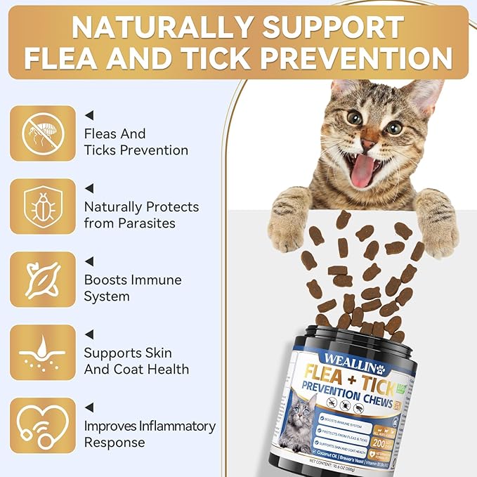 Flea and Tick Prevention for Cats, 200 Soft Chews for Fleas Treatment for Cats, Natural Cat Oral Flea Chewables Support Supplement, Flea and Tick Chews for All Breeds & Sizes-PurrikoPets