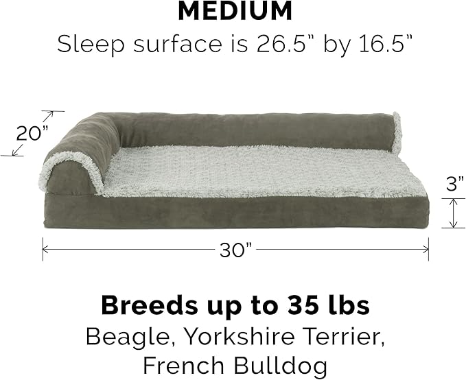 Furhaven Cooling Gel Dog Bed for Medium/Small Dogs w/ Removable Bolsters & Washable Cover, For Dogs Up to 35 lbs - Two-Tone Plush Faux Fur & Suede L Shaped Chaise - Dark Sage, Medium-PurrikoPets