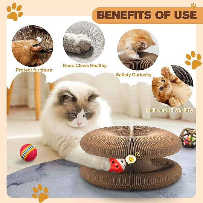 2 PCS Magic Organ Cat Scratcher Board with 6 Balls, Foldable Recyclable Accordion Cats Toy with Ball and Track Adventure, Cat Scratching Pad, Retractable Reversible Furniture Protector(Brown)-PurrikoPets