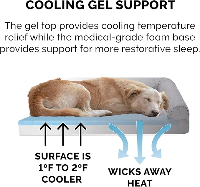 Furhaven Cooling Gel Dog Bed for Medium/Small Dogs w/ Removable Bolsters & Washable Cover, For Dogs Up to 35 lbs - Pinsonic Quilted Paw L Shaped Chaise - Titanium, Medium-PurrikoPets