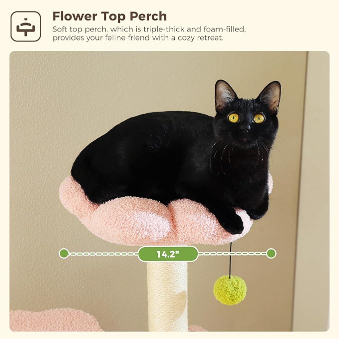 Flower Cat Tree, 62-Inch Tall Multi-Level Cat Tower with Scratching Posts for Large Indoor Cats, Plush Bed w/Padded Perches, Scratching Pad & 2 Green Pompoms, Pink-PurrikoPets