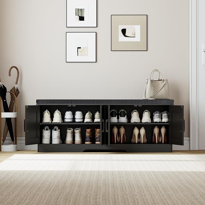 2-Tier Storage Bench, Shoe Bench with Padded Seat Cushion, Entryway Bench with 4 Barn Doors, Adjustable Shelf, 13.8" D x 47.2" W x 17.7" H, for Entryway, Living Room, Bedroom, Black-PurrikoPets