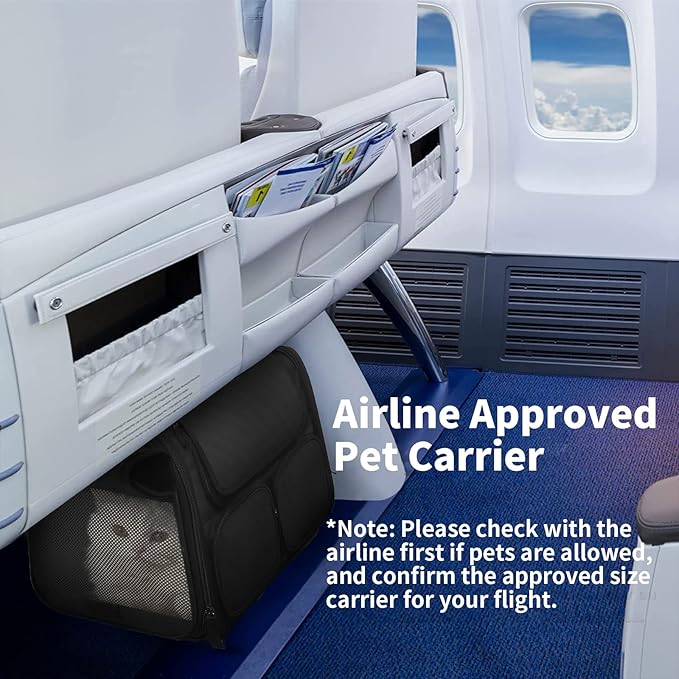 FUKUMARU Cat Carrier, 4 Mesh Windows Small Dog Carrier, 4 Storage Pockets Cat Travel Bag, Under 15 lb Airline Approved Pet Carrier, Rollable Cover for Nervous Cats, Black-PurrikoPets