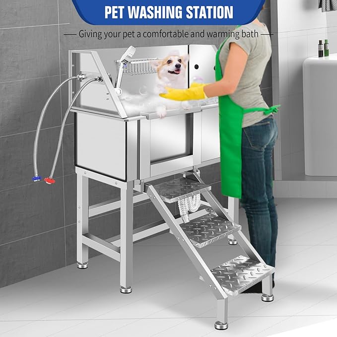 Dog Washing Station 38'' Stainless Steel Pet Grooming Tub for Large Dogs Over-Size Professional Dog Grooming Bathtub Station Wash Shower Sink Pet Grooming Bathtub Station-PurrikoPets