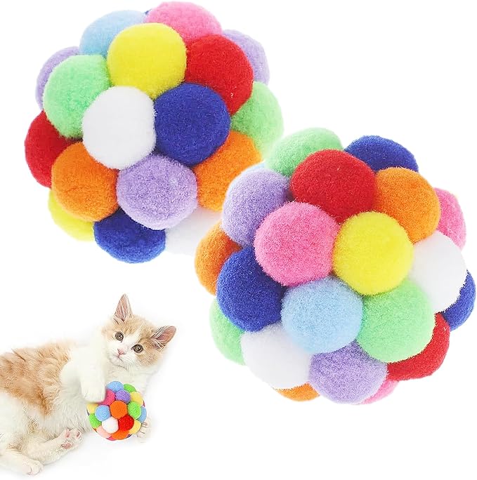 9PCS Cat Toy Balls, 1,75'' Soft Pom Pom Ball for Kittens, Colorful Soft Fuzzy Balls Built-in Bell for Cats, Interactive Playing Chewing Toys for Indoor Cats and Kittens, Cute Kitten Kitty Toys-PurrikoPets