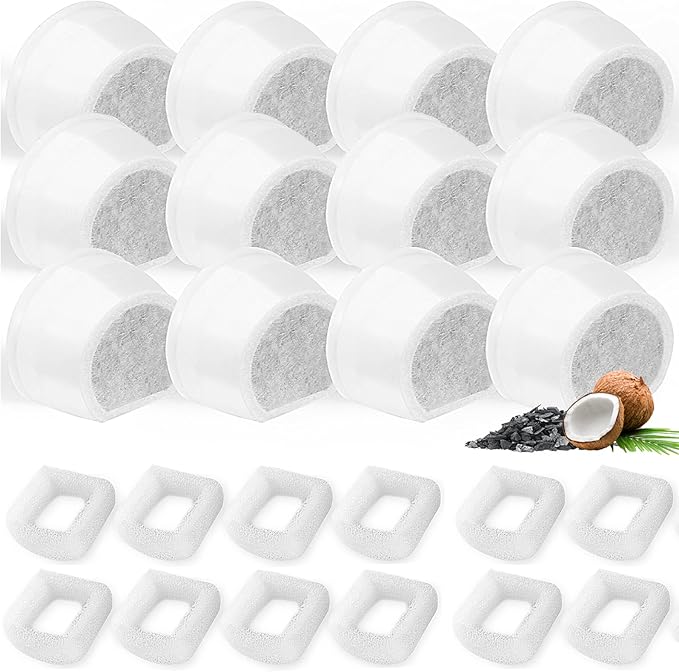 24 Pack Cat Water Fountain Filters Replacement, 12 Carbon Filters and 12 Foam Sponge Pre-Filter Fit for Multiple Ceramic and Stainless Steel Pet Fountains-PurrikoPets