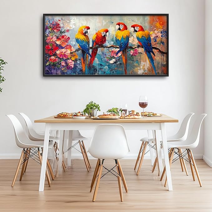 Extra Large Framed Parrot Bird Wall Art,Oversized Abstract Colorful Parrots Flower Wall Decor Pictures for Living Room,Canvas Print Painting Modern Artwork Bedroom Office Bathroom Home Decor 60L x30W-PurrikoPets