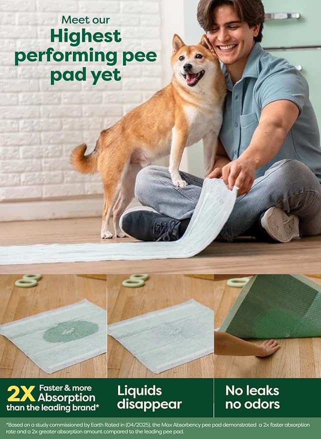 Earth Rated Max Absorbency Puppy Pee Pads for Dogs Absorbs 2X Faster & 2X More, Leak-Proof Odor-Free Potty Training Wee Wee Pad, Unscented, Large, 22” x 23”, 40 Count-PurrikoPets