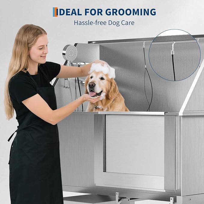 50" Stainless Steel Professional Dog Washing Station - Pet Bathing Tub w/Non-Slip Stairs & Storage Shelf | Slip-Resistant Floor Grate | for Large/Medium/Small Dogs-PurrikoPets