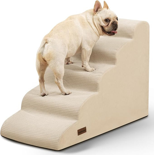5-Step Dog Stairs and Ramp for High Bed,Non-Slip Sturdy Pet Steps for Small Dogs and Cats,22.2" H,Beige-PurrikoPets