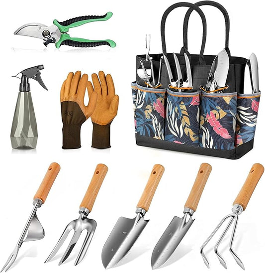 Gardening Tools 9-Piece Heavy Duty Garden Hand Tools with Fashion and Durable Garden Tools Organizer Handbag, Rust-Proof Garden Tool Set, Ideal Gardening Gifts for Women-PurrikoPets