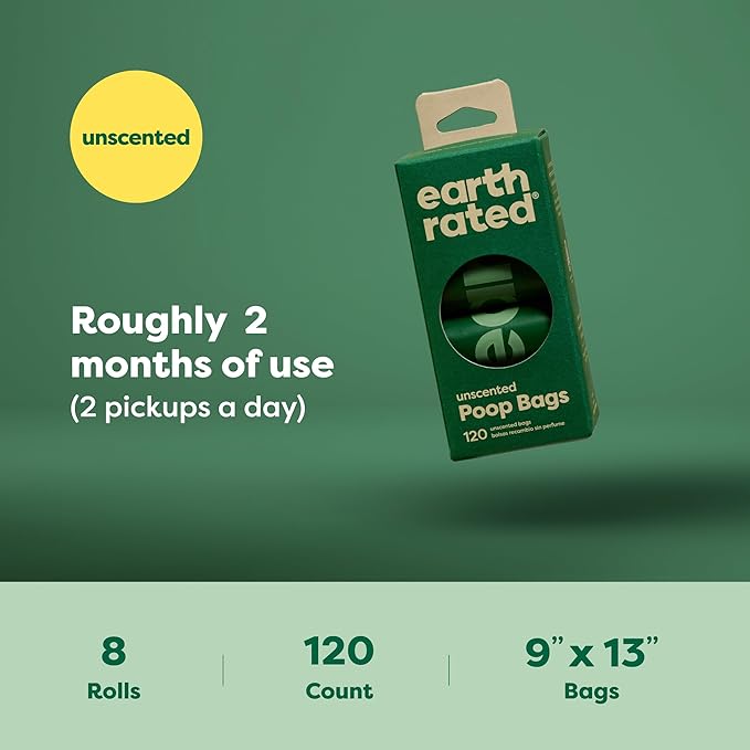 Earth Rated Poop Bags for Dogs Guaranteed Leak Proof and Extra Thick Waste Bag Refill Rolls, Unscented, 120 Count-PurrikoPets