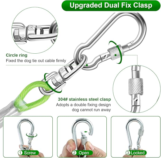 Dog Tie Out Cable for Outside,20FT Heavy Duty Dog Leash&Chains with Swivel Hook,Small-Large Dogs Runner Cable Up to 250lbs, Long Dogs Lead Line for Yard Outdoor and Camping (250lbs 20FT, Green)-PurrikoPets