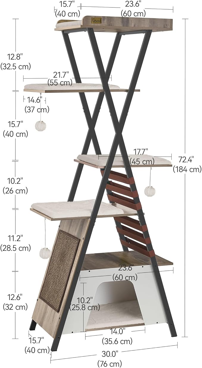 FourFurPets 72.4" Cat Tree, Modern Cat Tower for Indoor Cats, Multi-Level Cat Condo with Caves, Tall Cat Tree with Cat Scratching Board, Wooden Cat Tower with Large Perch, Removable Pads, Camel Brown-PurrikoPets