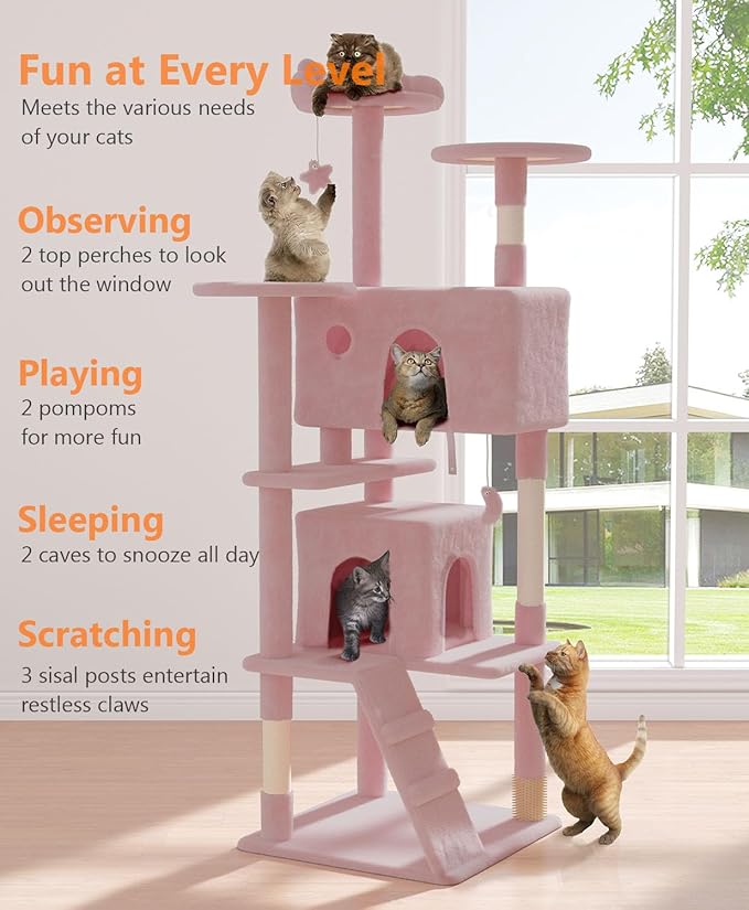 70'' Cat Tree Tower for Indoor Cats Large Adult,Cute/Tall Modern Cat Tree for Big Cats 20 lbs,Plush Multi-Level Cat Condo with Scratching Posts,Dangling Ball for Fun Play(Soft Pink, 70 inch)-PurrikoPets