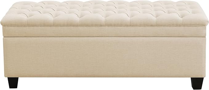 51" Fabric Storage Ottoman Bench, Upholstered Rectangle End of Bed Storage Ottoman Tufted Living Room Bedroom Bench with Safety Hinge, Solid Wood Legs, Loads 500 lb(Khaki)-PurrikoPets