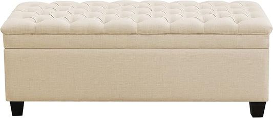 51" Fabric Storage Ottoman Bench, Upholstered Rectangle End of Bed Storage Ottoman Tufted Living Room Bedroom Bench with Safety Hinge, Solid Wood Legs, Loads 500 lb(Khaki)-PurrikoPets