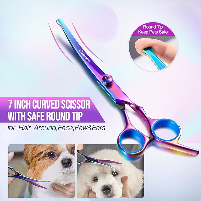 Gimars Dog Grooming Scissors Kit Professional 4CR with Safety Round Tip, 5 in 1 Heavy Duty Titanium Coated Thinning & Curved & Straight Shears-PurrikoPets