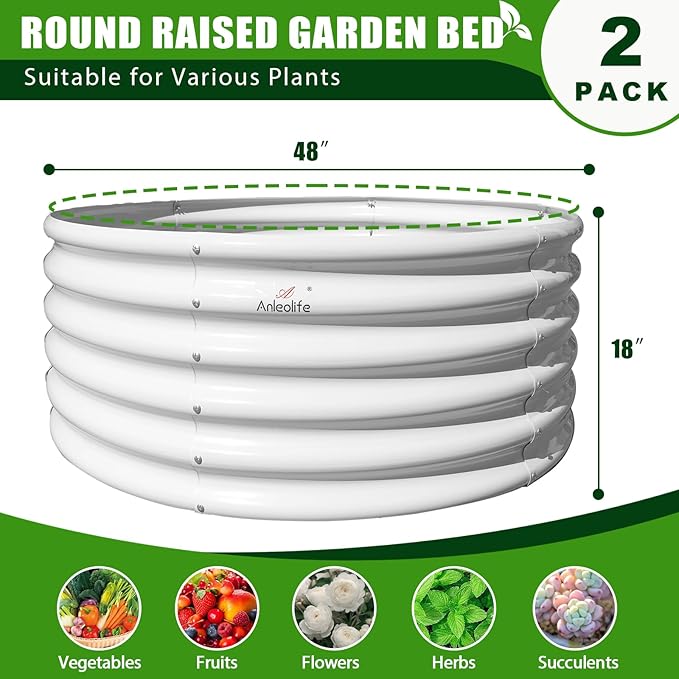 A ANLEOLIFE 2-Pack 4ft x 18” Tall Galvanized Raised Garden Beds Outdoor, Round Metal Planter Box for Planting Vegetables Flowers Herb, Anti-Rust & Easy-Setup, Antique White-PurrikoPets