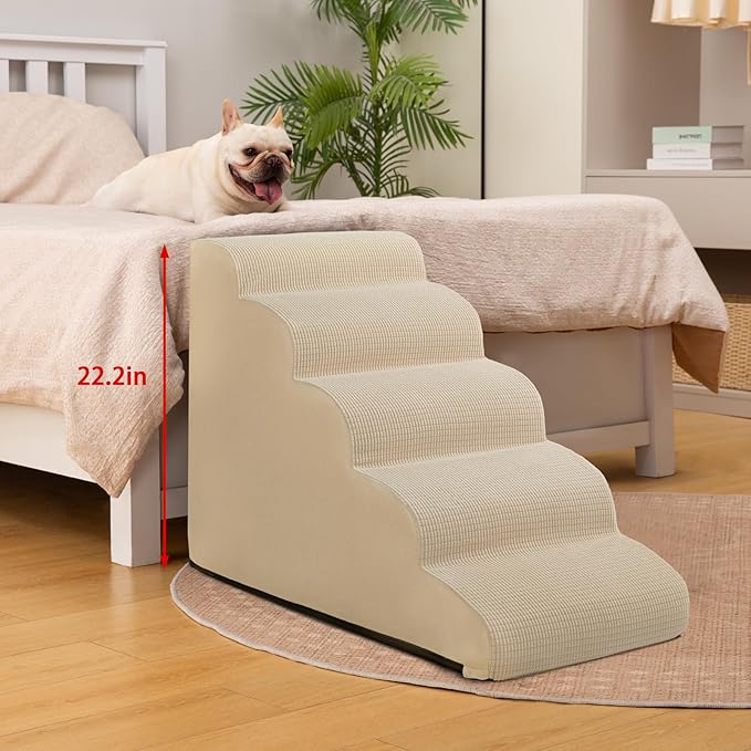 5-Step Dog Stairs and Ramp for High Bed,Non-Slip Sturdy Pet Steps for Small Dogs and Cats,22.2" H,Beige-PurrikoPets