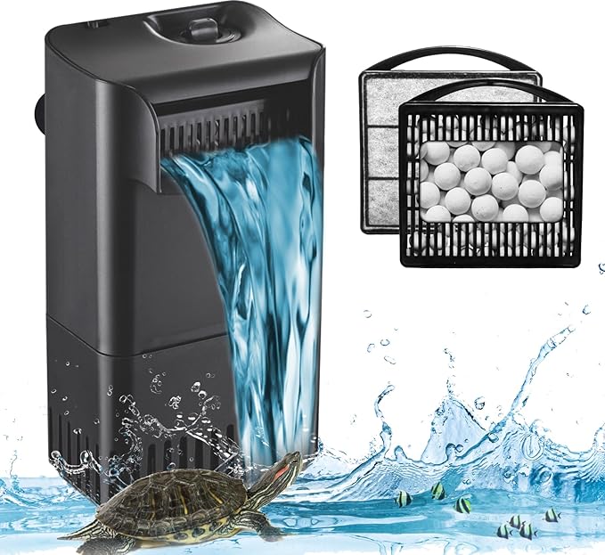 222GPH 10W Turtle Tank Filter Aquarium Filter Power Adjustable 10-40 Gal. Small Internal Filter 3-Stage Waterfall Bio-Filtration Quiet Low Water Level for Freshwater Saltwater Fish Tank Easy to Clean-PurrikoPets