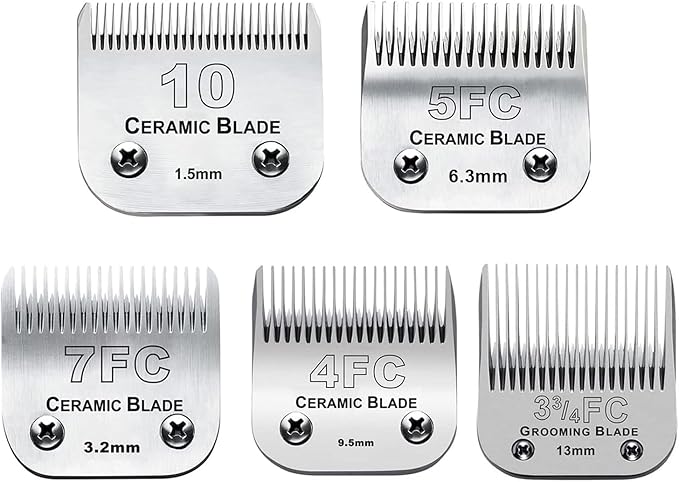 5PACK Dog Grooming Clipper Replacement Blades Compatible with Andis Pet Clipper/Oster A5/Wahl KM Series Dog Clipper with Ceramic Blade & Stainless Steel Blade (#10+5FC+7FC+3FC+4FC)-PurrikoPets