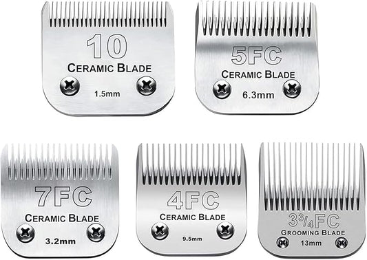 5PACK Dog Grooming Clipper Replacement Blades Compatible with Andis Pet Clipper/Oster A5/Wahl KM Series Dog Clipper with Ceramic Blade & Stainless Steel Blade (#10+5FC+7FC+3FC+4FC)-PurrikoPets