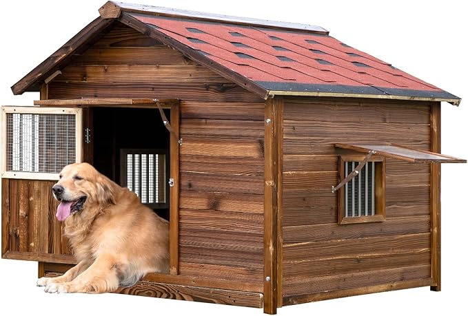Extra Large Dog House Outdoor Made of Solid Pine Wood, Warm Doghouse, Dog House with Elevated Floor for Large Dogs, (Wood, 2XL)-PurrikoPets