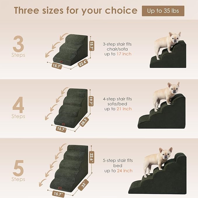 EHEYCIGA Curved Dog Stairs Ramp for Small Dogs 15.7" H, 3-Step Dog Steps for Couch Sofa and Chair, Pet Stairs for Cats, Non-Slip Balanced Pet Steps Indoor, Olive Green-PurrikoPets