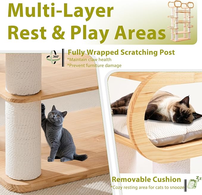 76.8'' Modern Cat Tree, Tall Cat Tower for Indoor Cats, Pine Wood Climb Tower with 2 Removable Mats, Heavy Duty Cat Furniture with Fully Wrapped Scratching Post, Huge Cat Condo for Multi-Cat Families-PurrikoPets