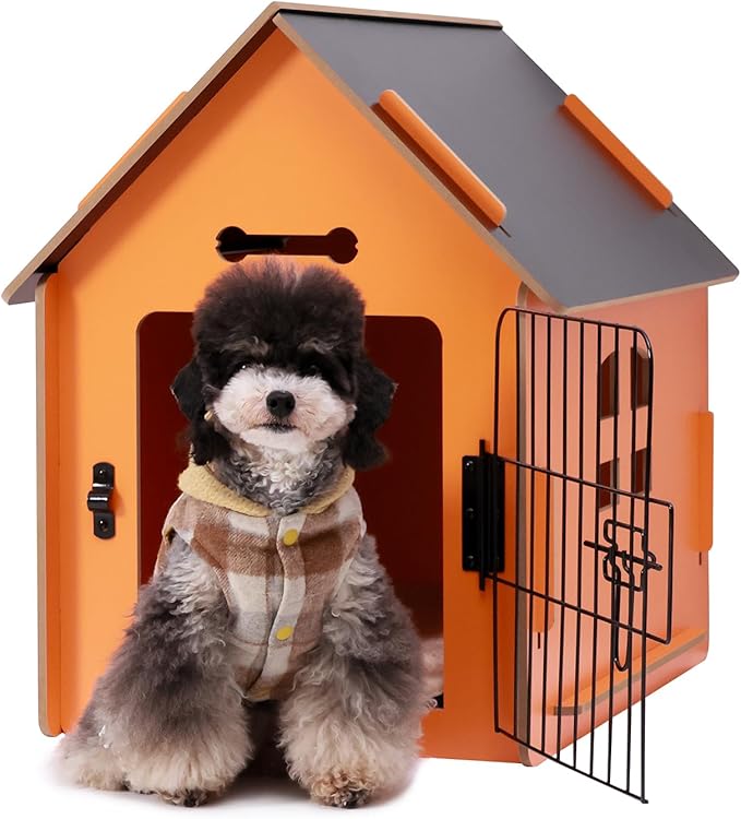 Dog House Indoor for Small Dogs or Cats, Cozy Wooden Design, Small Indoor Bed House, with Air Vents and Elevated Floor Warm Dog Cave (Orange)-PurrikoPets