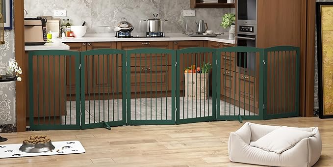 Freestanding Pet Gate for Dogs, Foldable Wooden Dog Gate for House, Extra Wide Indoor Pet Barrier for Stair, Doorway, Hall, Support Feet Included, 120 Inch Wide, 6 Panels 24",Green-PurrikoPets