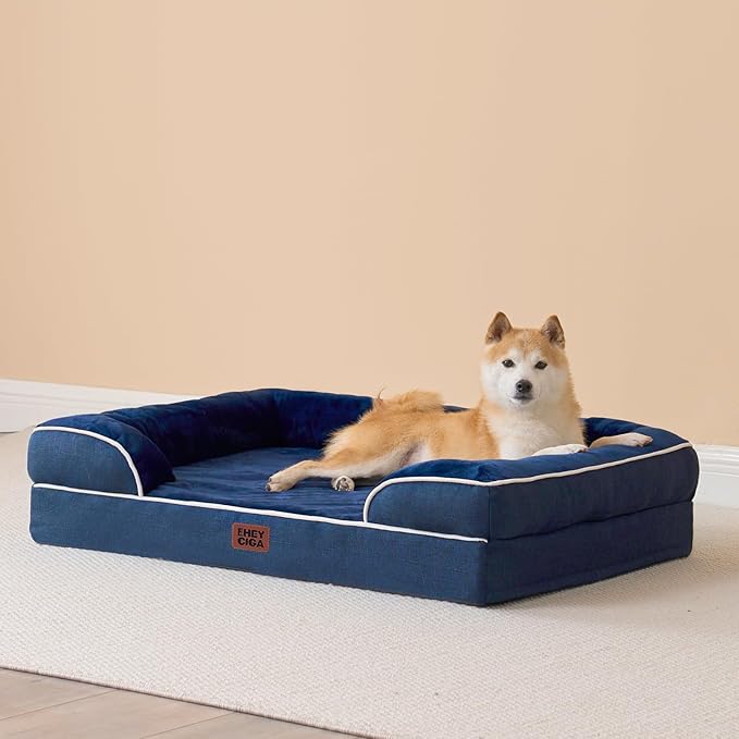 EHEYCIGA Orthopedic Dog Beds for Large Dogs, Waterproof Memory Foam Large Pet Bed with Sides, Non-Slip Bottom and Egg-Crate Foam Dog Couch Bed with Washable Removable Cover, Navy-PurrikoPets