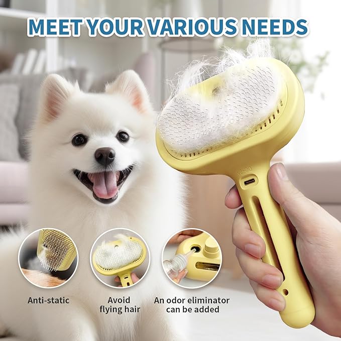 3 In 1 Self-Cleaning Steamy Brush for Pet Grooming - Anti-Static Flying Hair Spray, Removes Loose Hair and Reduces Shedding for Long and Short Fur, Yellow-PurrikoPets