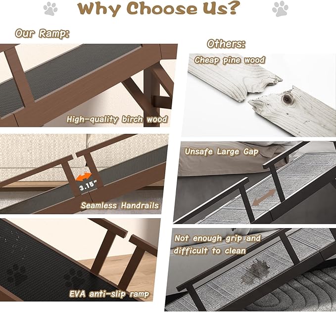 61" Dog Ramp for Bed, Pet Ramp with Removable Side Rail and Non-Slip Surface, Pet Ramp for Small & Large & Senior Dogs with Rest Platform and DIY Glow Strips,Dog Stairs for Couch, Brown-PurrikoPets