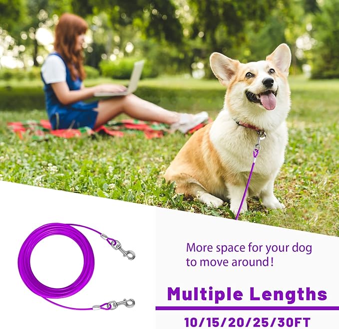 Dog Tie Out Cable 10/15/20/25/30 FT Runner for Yard Steel Wire Cable with Durable Superior Clips Purple Chains for Outside Dog Lead for Large Up to 165 Lbs-PurrikoPets