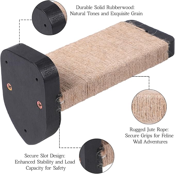 3-in-1 Cat Wall Steps - Climbing Wall Furniture & Shelves with Hemp Rope, Solid Wood Cat Ladder (Standard-Black)-PurrikoPets