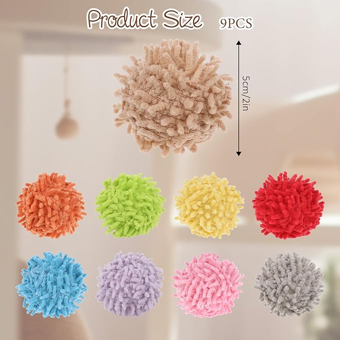 9Pcs Cat Pom Pom Balls, Cats Ball Toys with Bells, 2 inches Soft Cat Balls Toy for Indoor, Assorted Color Yarn Puffs Ball for Cats, Kitten Chasing Toys for Kitty, Pet Interactive Play(Multi-Color)-PurrikoPets