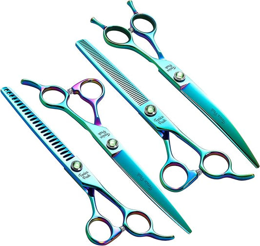 Fenice Peak Green Dog Grooming Scissors Set Straight Thinning Curved and Chunker Shears 4PCS Kit with Simulated Emerald Screw 440C Trimming Shears Durable and Sharp-PurrikoPets