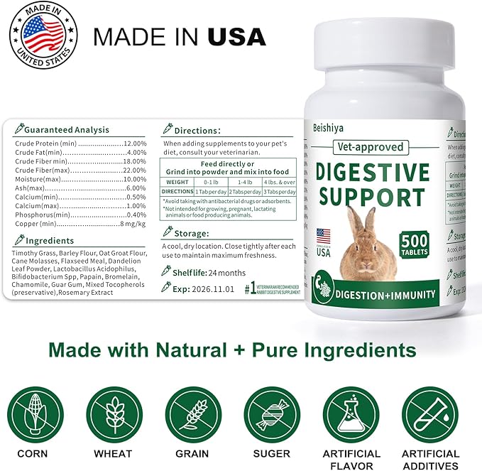 500 Tablets, Digestive Support Rabbit, Support GI Stasis, Bloat, Constipation, and Diarrhea, Strengthens Immune System, Premium Formula with High Fiber, Vitamins and Probiotics, Non-GMO-PurrikoPets