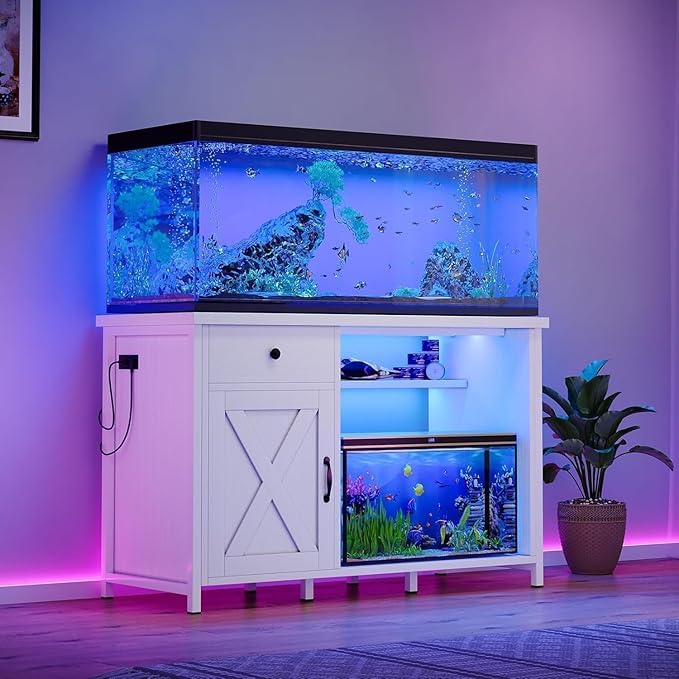 55 Gallon Fish Tank Stand with LED Light & Power Outlets, 55-75 Gallon Aquarium Stand with Drawer & Barn Door, 50" L x 20" W Cabinet for 2 Fish Tank Accessories Storage, Turtle Tank, Antique White-PurrikoPets