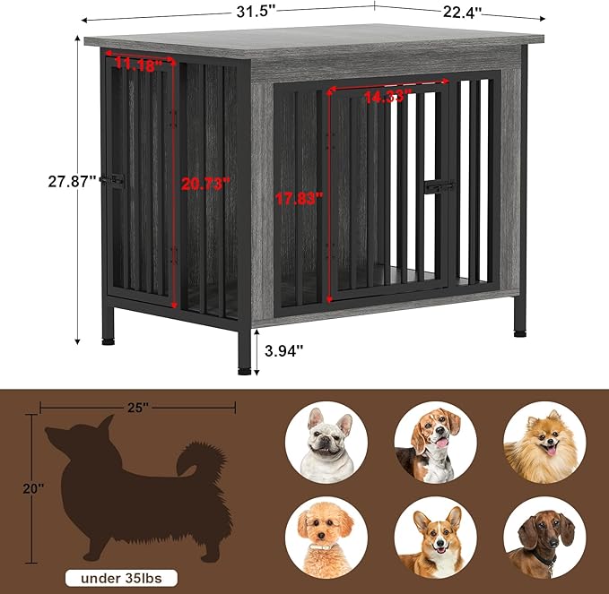 EasyCom 31.5" Small Dog Crate Furniture, Chew-Resistant Dog Crates for Small and Medium Dogs, Dog Kennel Furniture Indoor with 2 Doors and 3.94" Raised Feet, as TV Stand, End Table, Crate Table-PurrikoPets