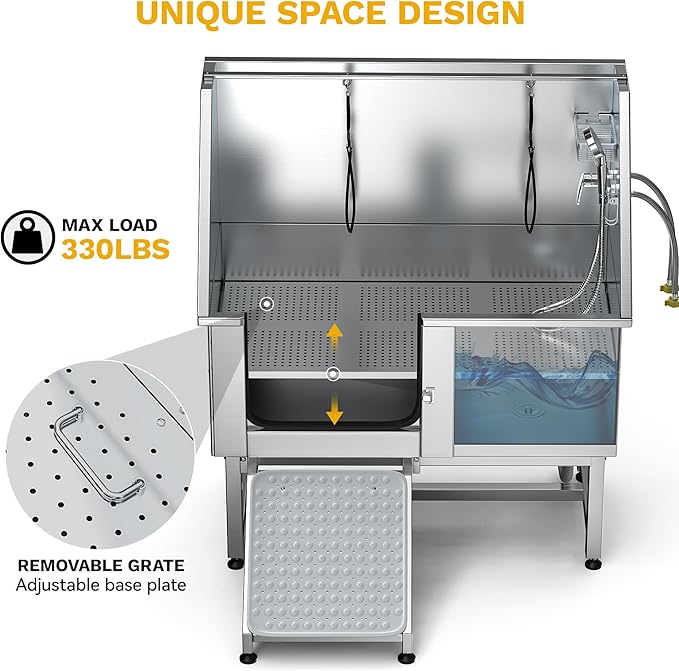 DWVO Professional Pet Dog Bathing Station for Grooming, 50'' Dog Grooming Bathtub with Left Ramp, Floor Grate, Faucet, Showerhead & Soap Holder for Large, Medium & Small Pets-PurrikoPets