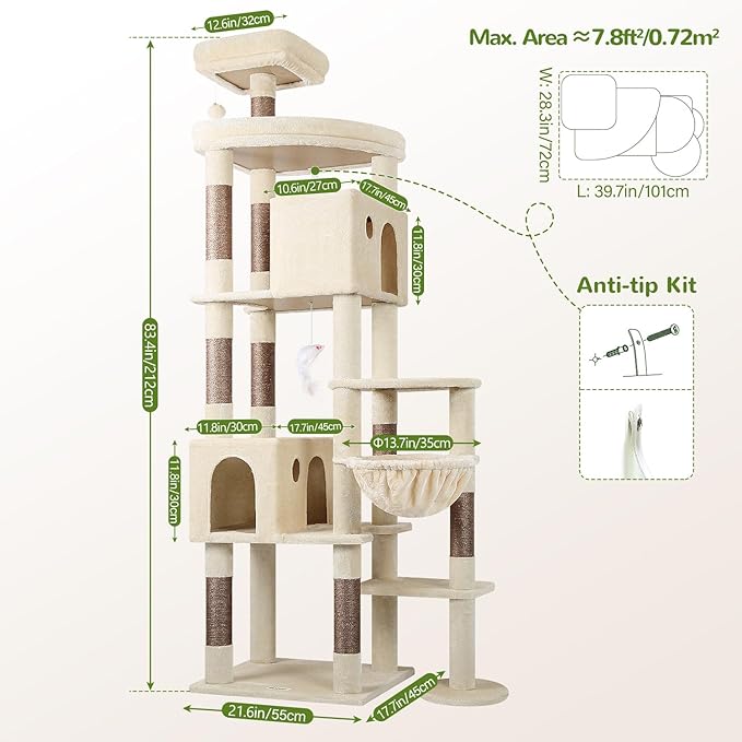 Globlazer Giant Cat Tree, 83 inch Cat Tree for Indoor Cats Large Adult, XXL Cat Tower with 9 Scratching Posts for 20lb+ Heavy Duty Large Adult Cats, F83, Beige-PurrikoPets
