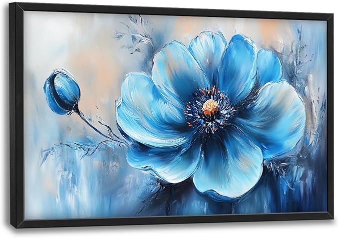 Extra Large Abstract Blue Flower Framed Wall Art for Living Room,Oversized Elegant Floral Pictures Wall Decor,Canvas Print Painting Modern Artwork Bedroom Office Bathroom 36L" x 24W"-PurrikoPets