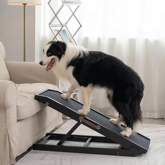Dog Ramp for Bed Couch - Pet Steps Stairs to Get on Bed Couch 11.8"-19.6" High for Small or Large Dog Up to 200 lbs, Adjustable Wooden Dog Ramp Steps Foldable Portable, Anti-Slip Carpet (Black)-PurrikoPets